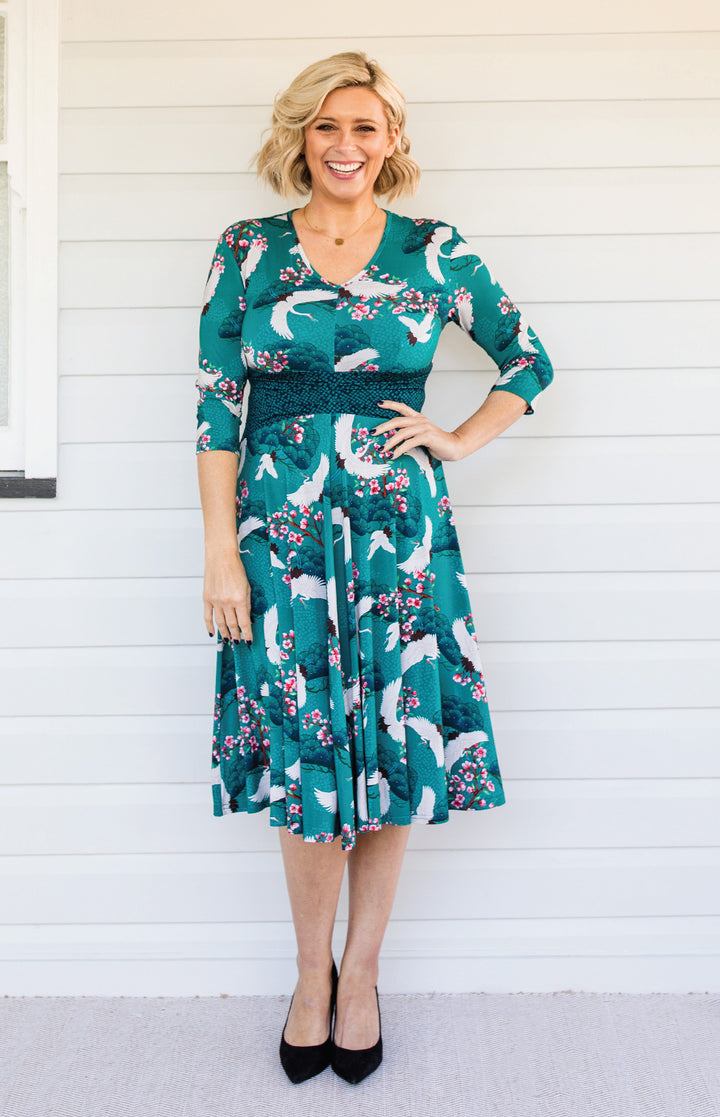 Heidi Dress in birds of a feather teal