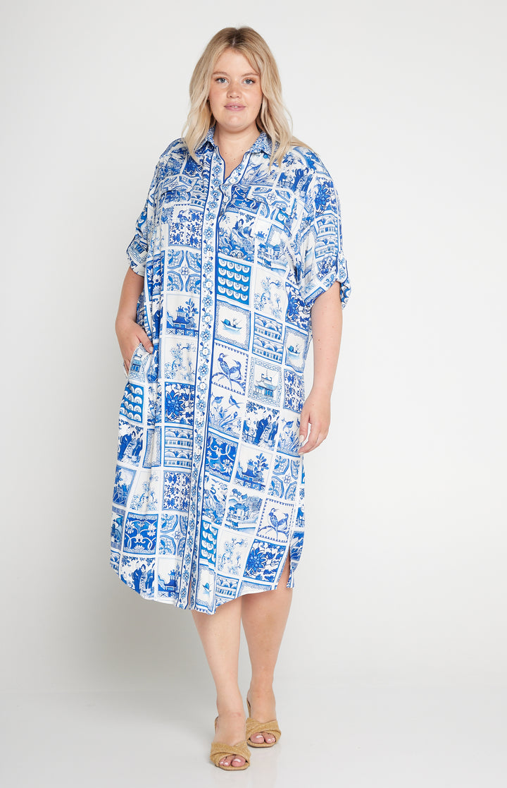 Alison Shirt Dress in patchwork blue