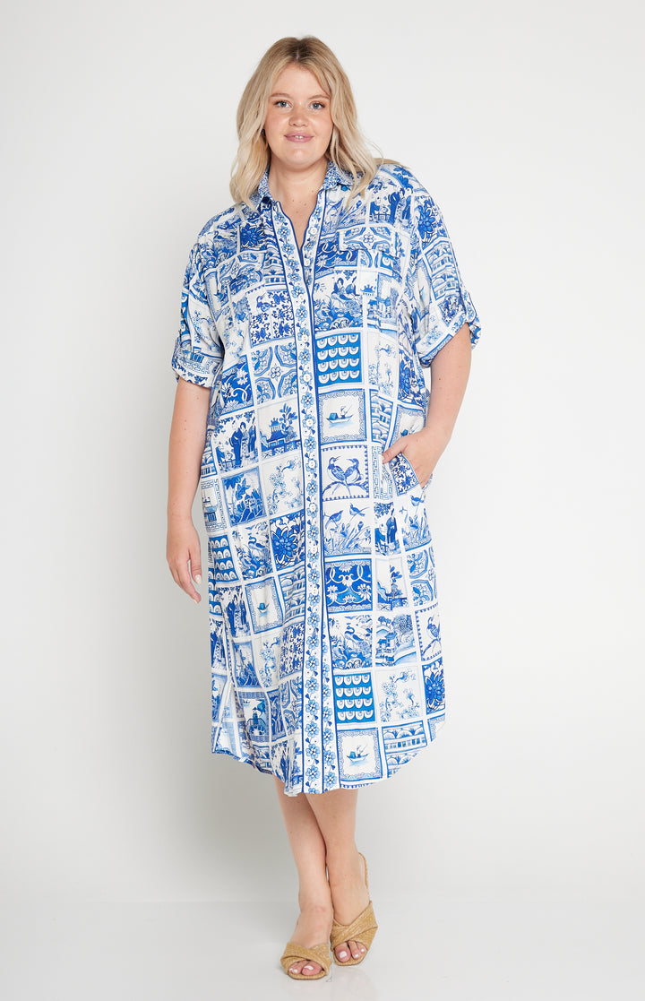 Alison Shirt Dress in patchwork blue