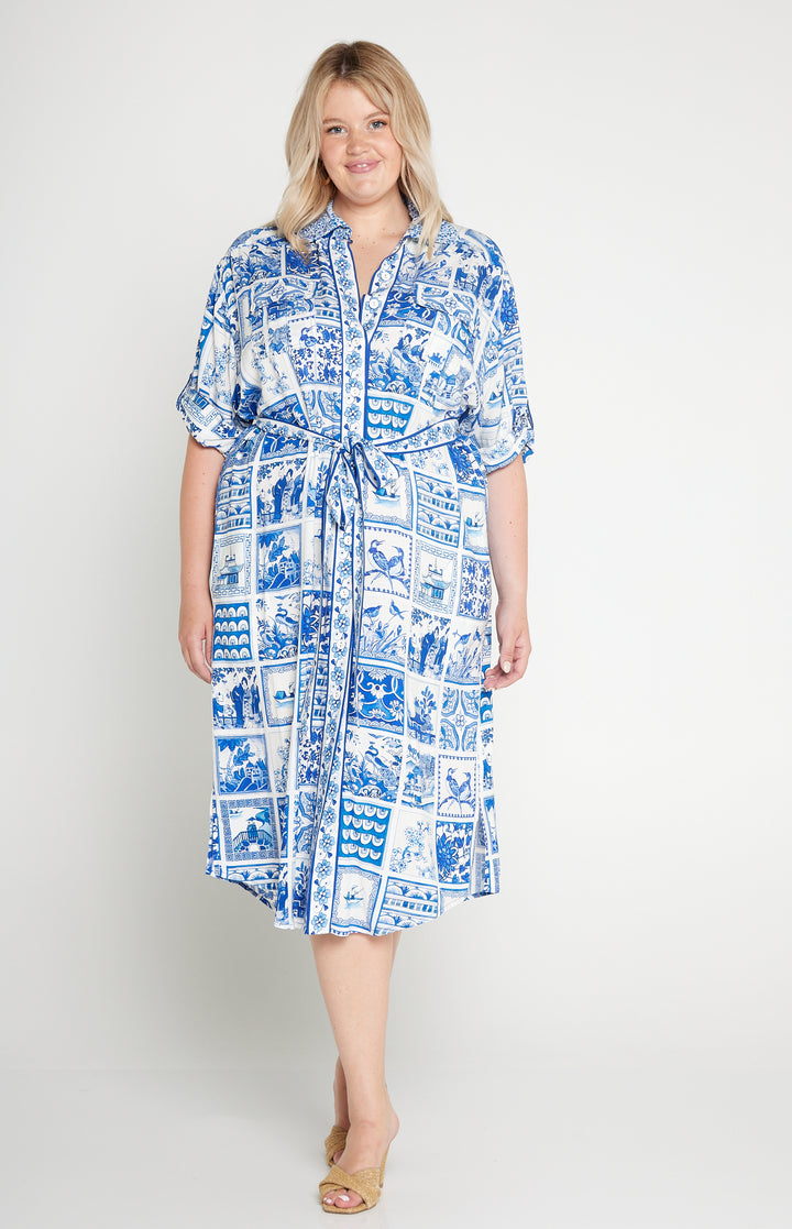 Alison Shirt Dress in patchwork blue