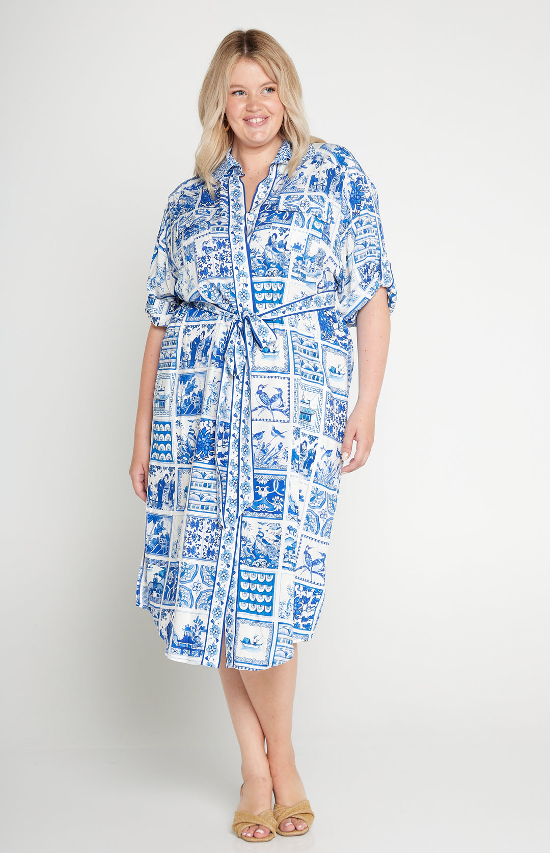 Alison Shirt Dress in patchwork blue