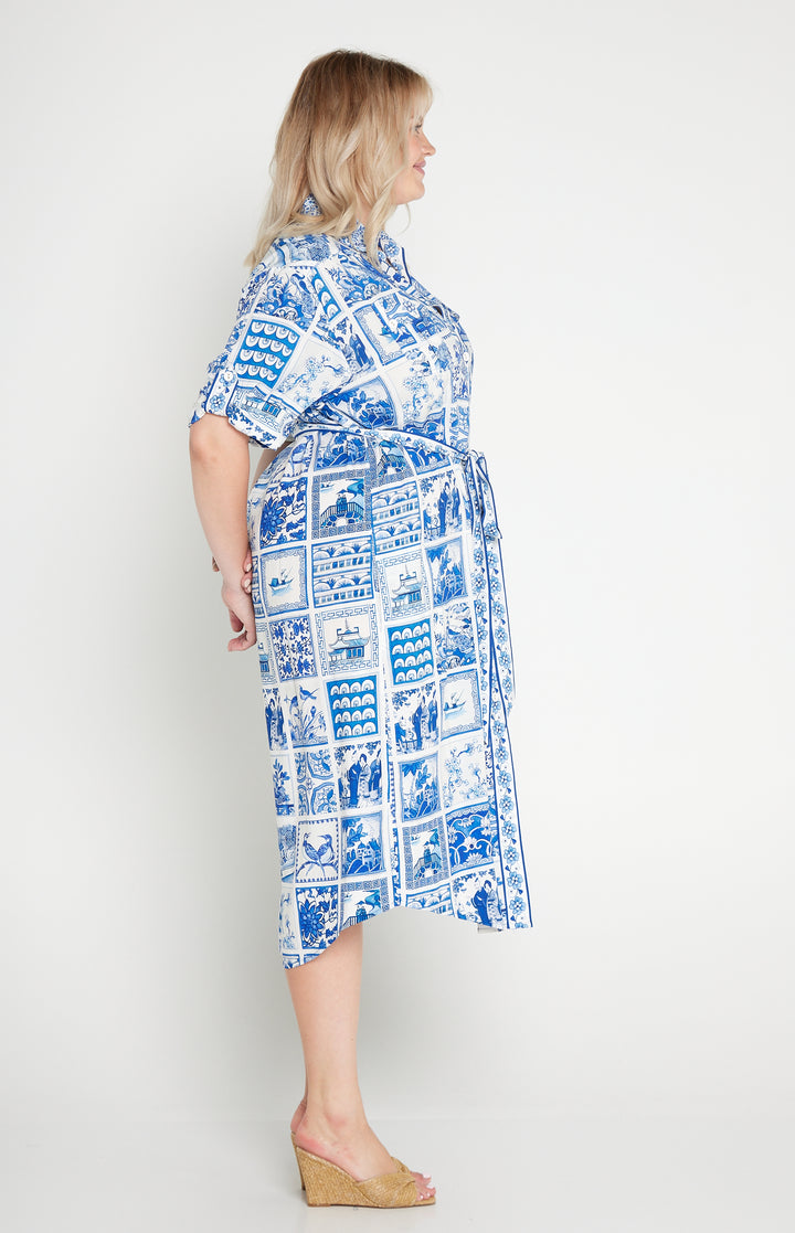 Alison Shirt Dress in patchwork blue