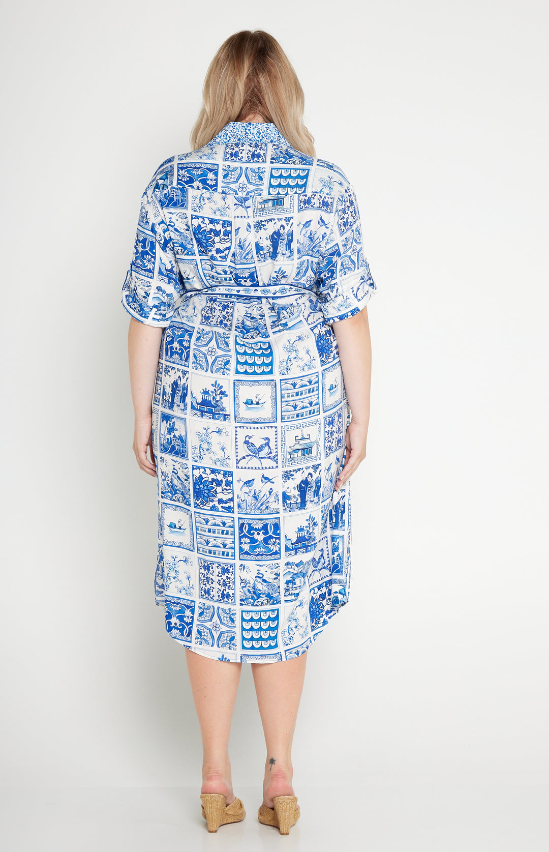 Alison Shirt Dress in patchwork blue