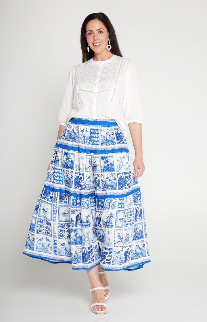 Sally Skirt in patchwork blue