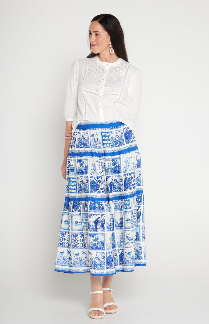 Sally Skirt in patchwork blue