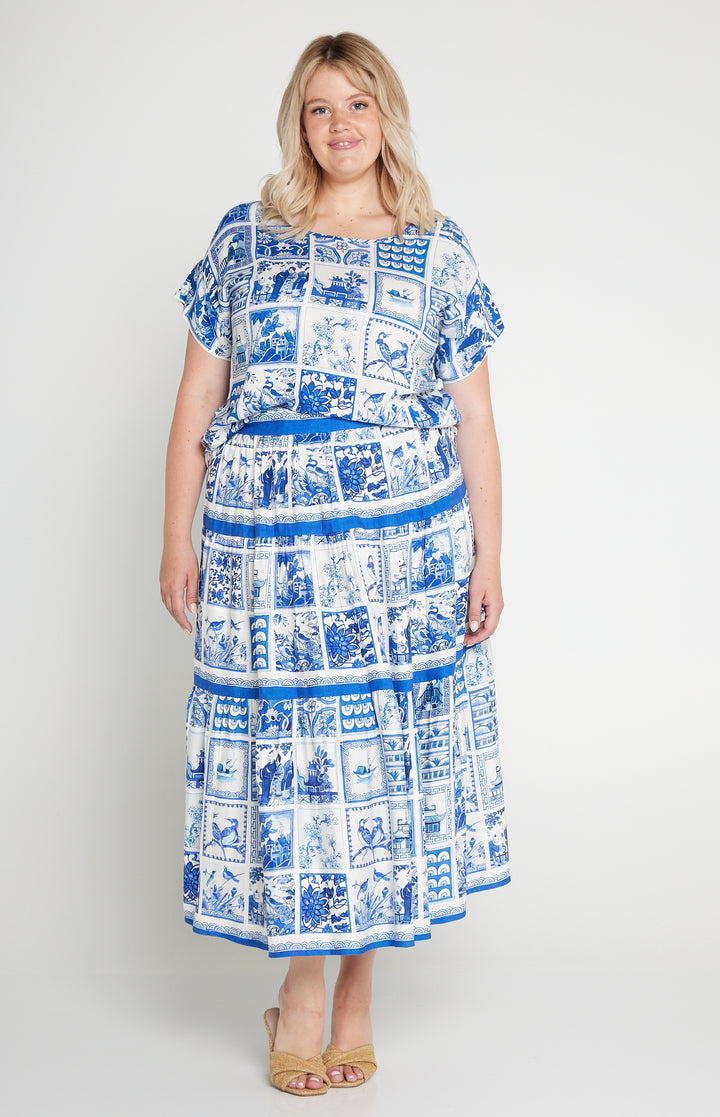 Sally Skirt in patchwork blue