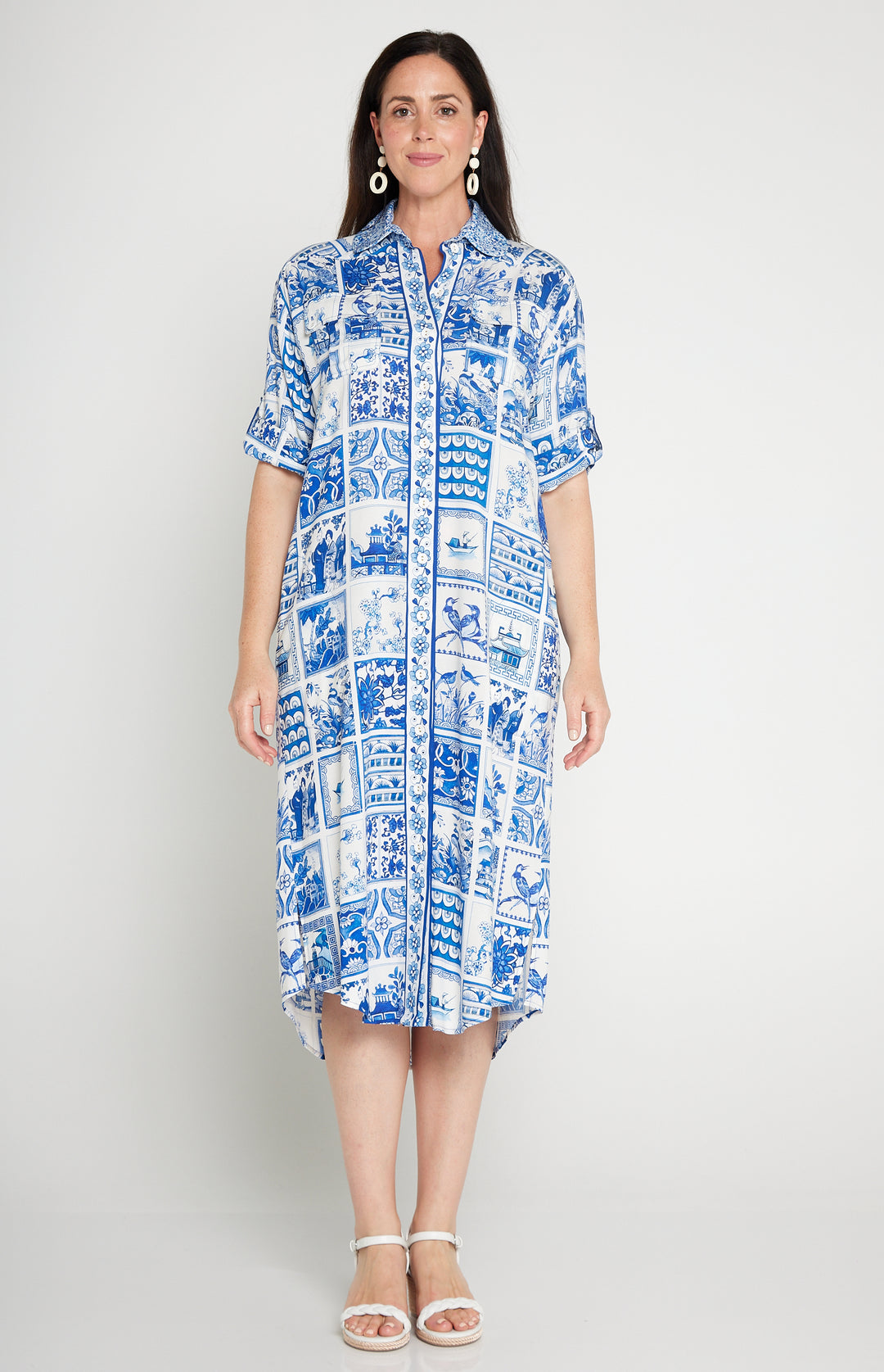 Alison Shirt Dress in patchwork blue