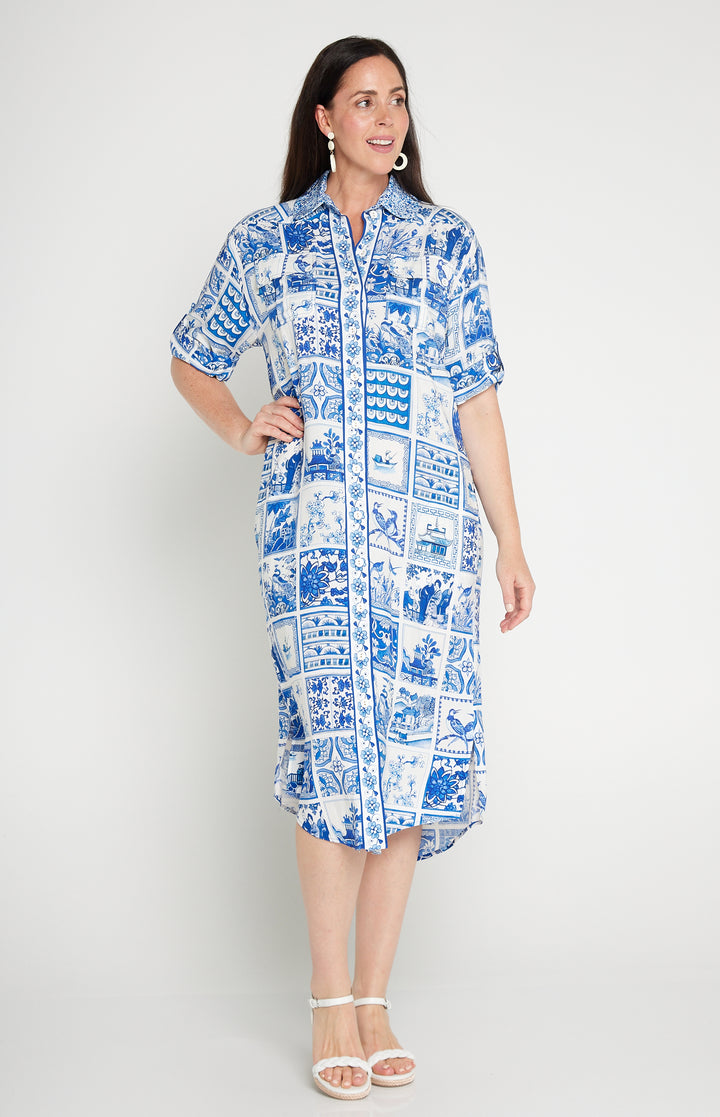 Alison Shirt Dress in patchwork blue