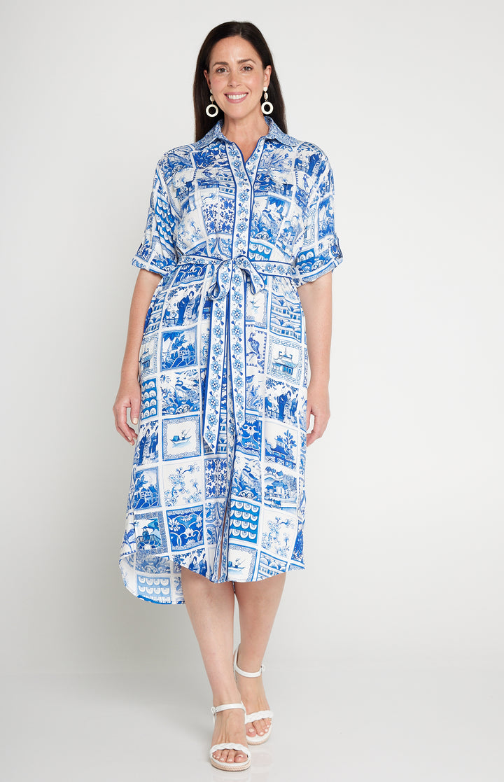 Alison Shirt Dress in patchwork blue