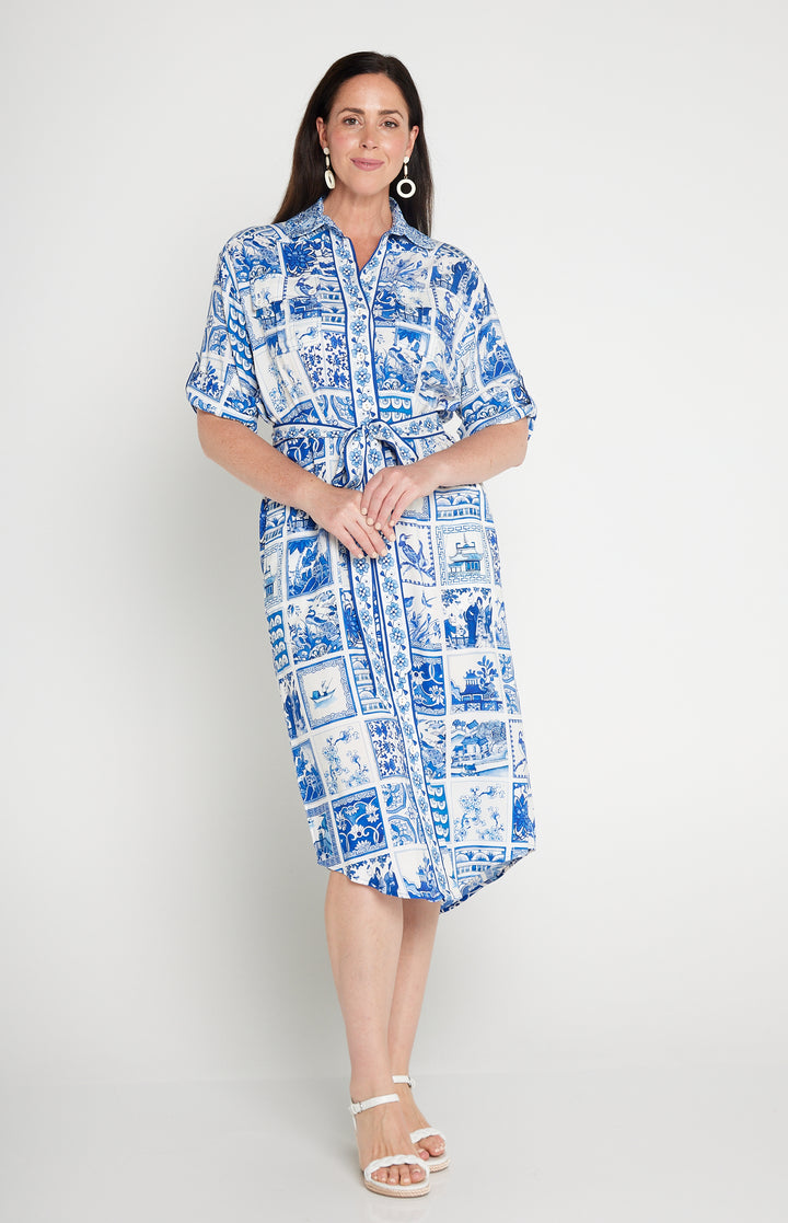 Alison Shirt Dress in patchwork blue