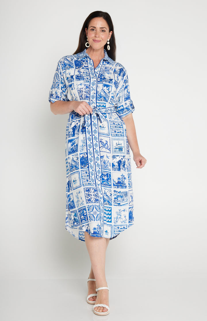 Alison Shirt Dress in patchwork blue