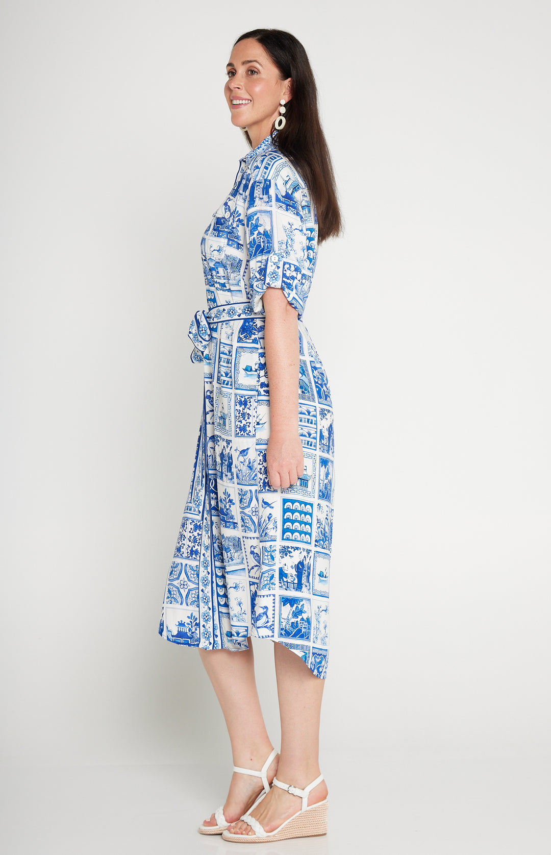 Alison Shirt Dress in patchwork blue