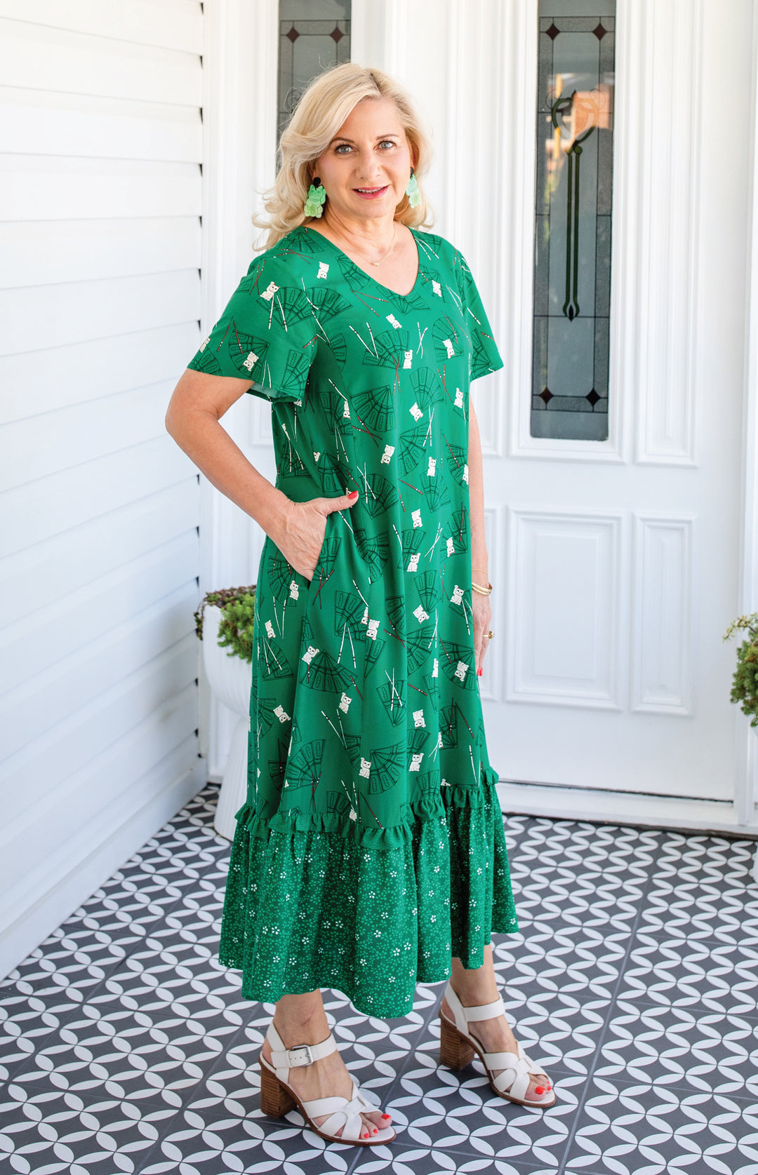 Maldives Midi Dress in lucky cat green