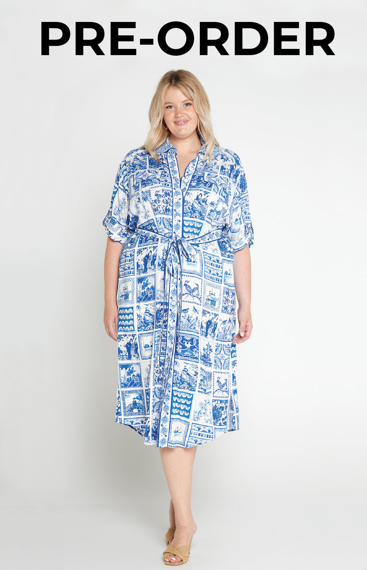 PRE-ORDER Alison Shirt Dress in patchwork blue