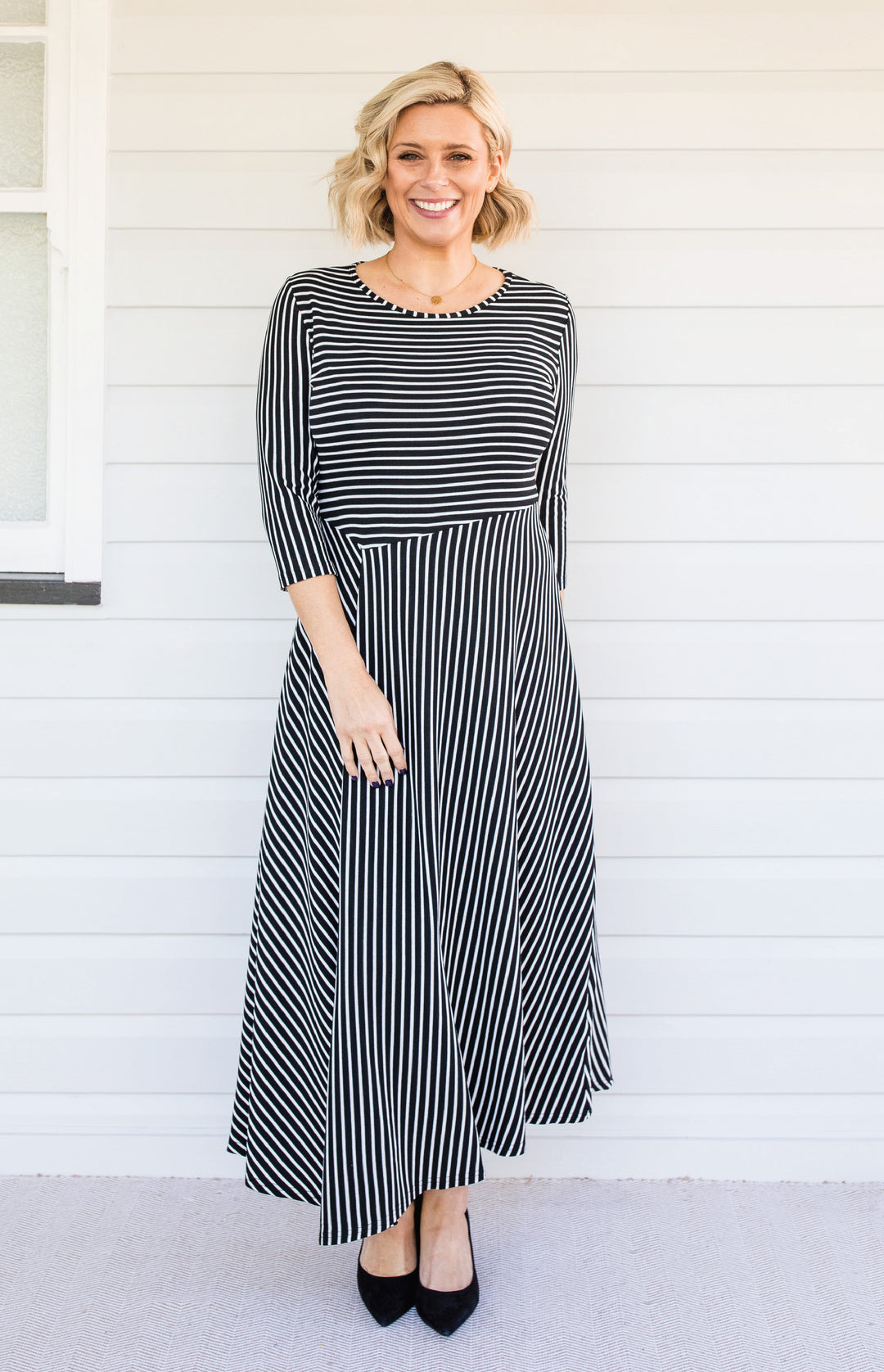 Zoe Dress 3/4 Sleeve in black stripes
