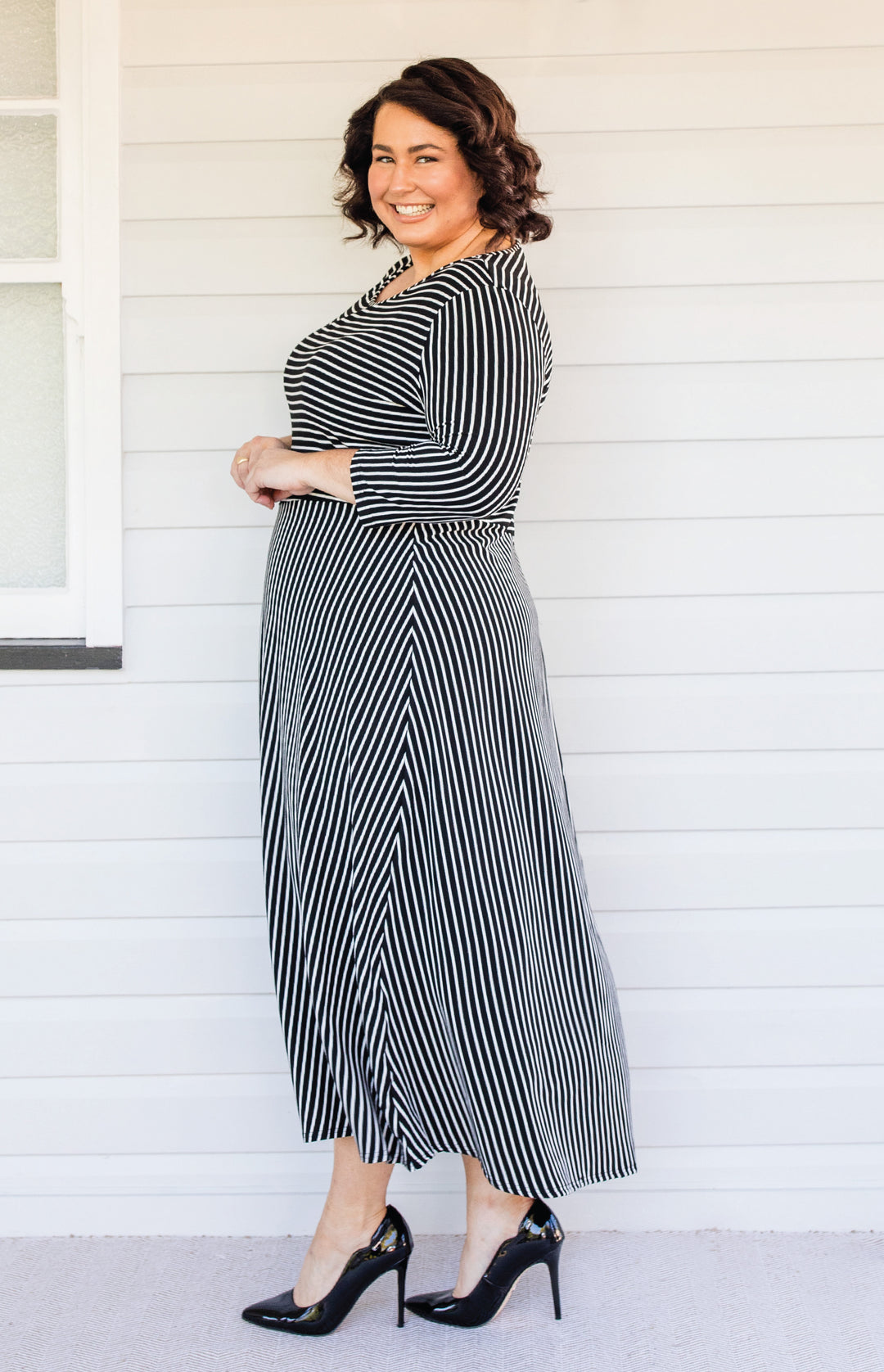 Zoe Dress 3/4 Sleeve in black stripes
