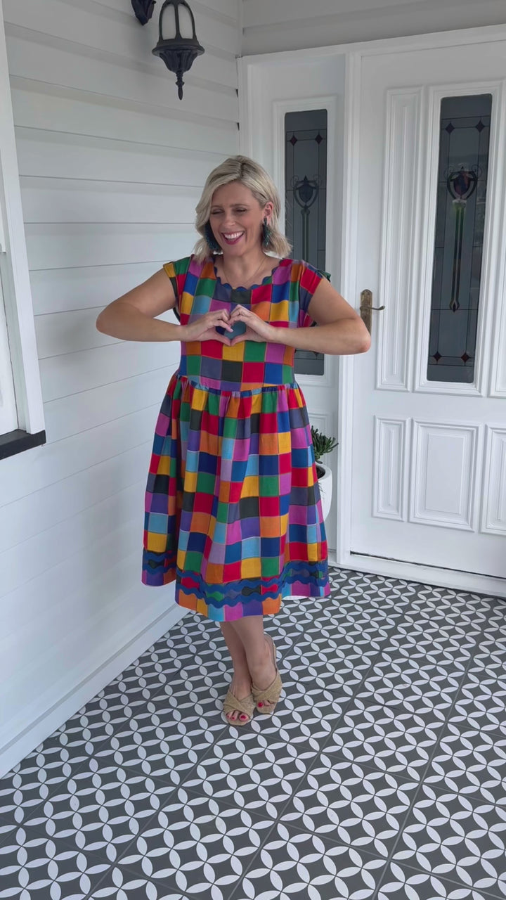 Holiday Dress in name dropper gingham